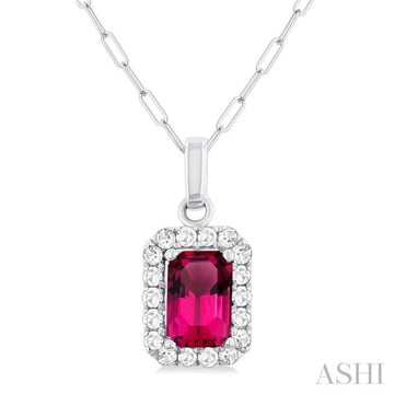 6x4 MM Octagonal Shape Pink Tourmaline and 1/6 Ctw Round Cut Diamond Halo Semi-Precious Pendant with Chain in 10K White Gold
